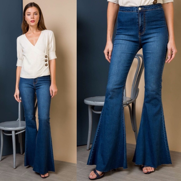 Boho Flared Wide Leg Denim Dark Wash Bell Bottom Jeans - Picture 2 of 5